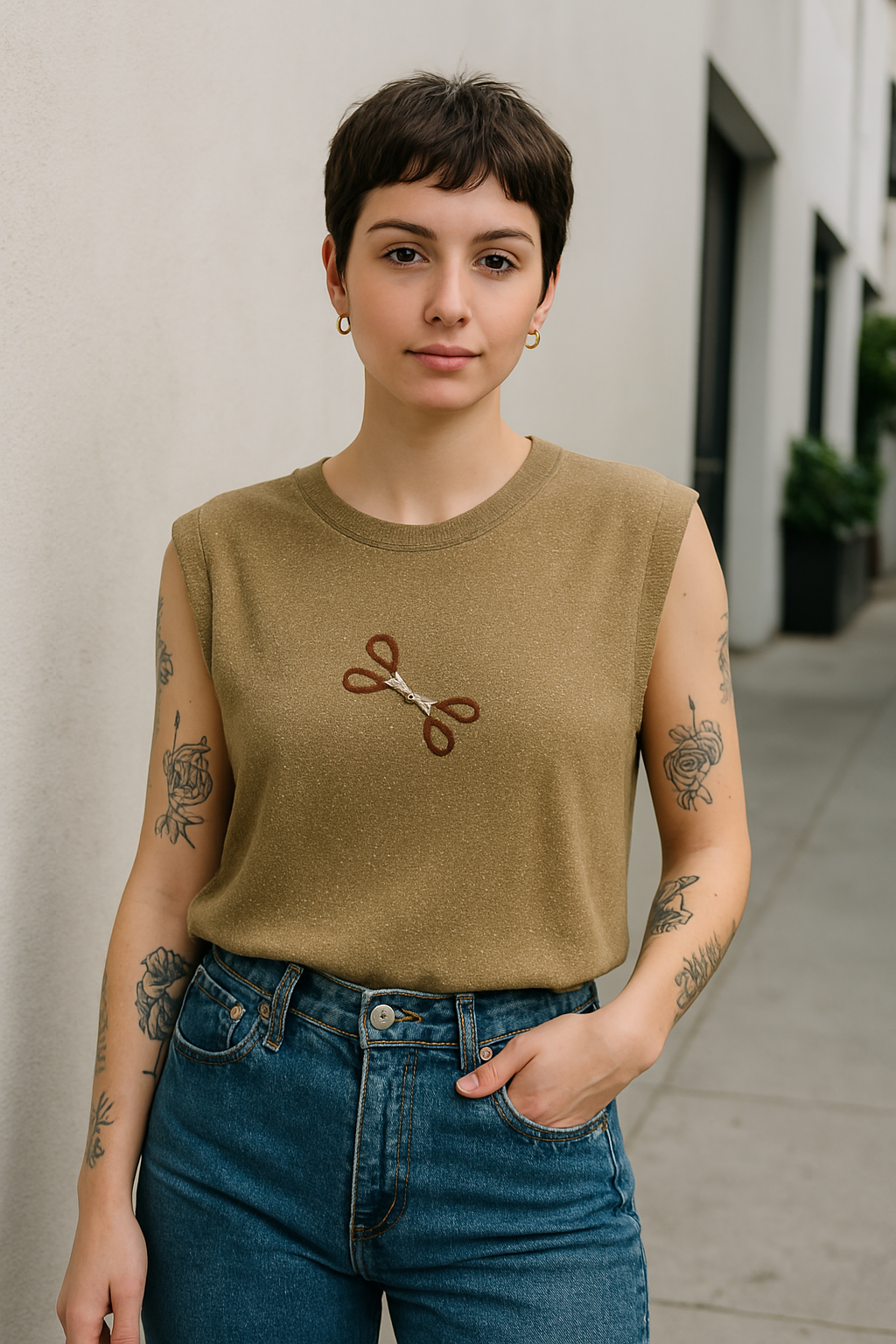 a woman with tattoos standing next to a wall