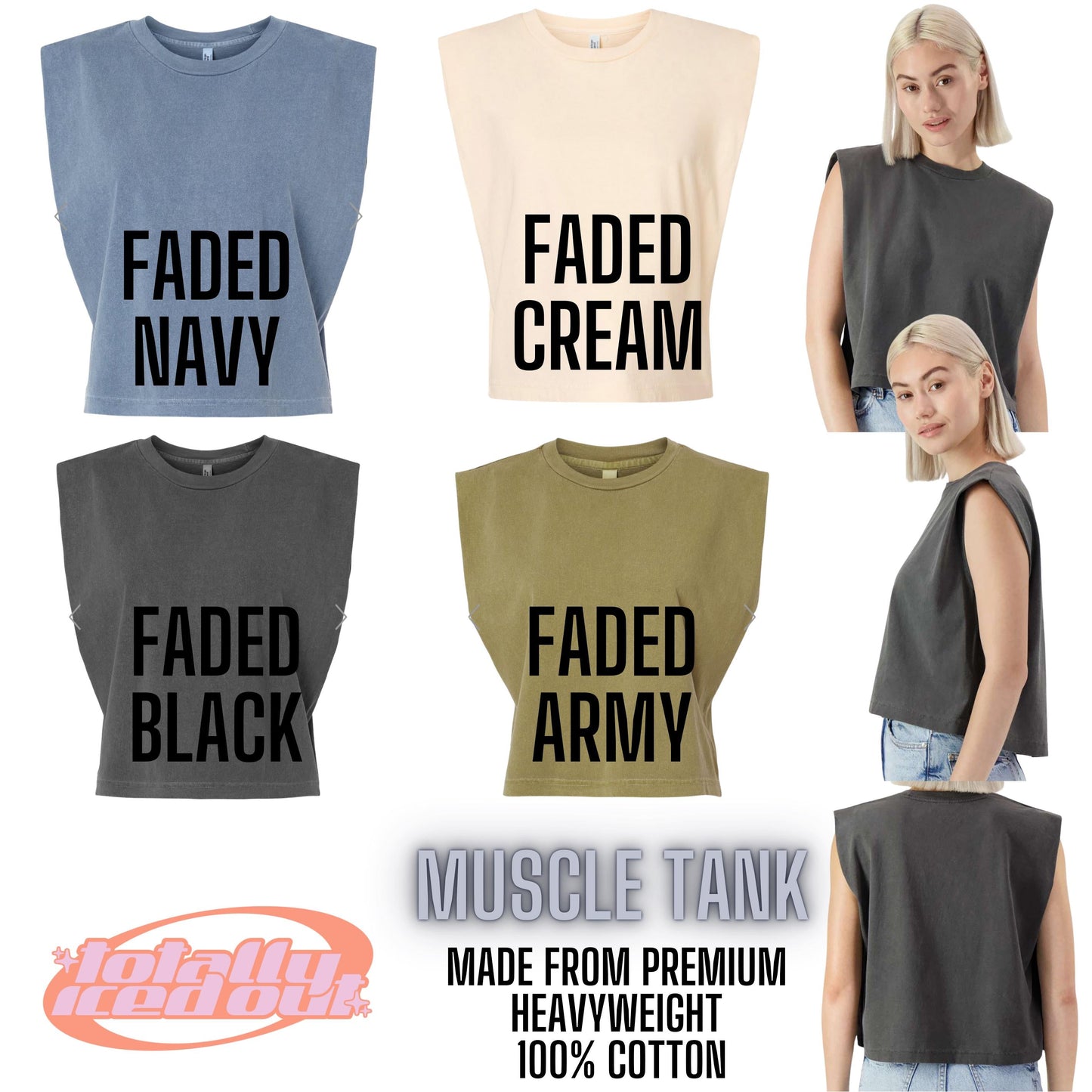 a woman wearing a crop top with the words faded navy, faded army, faded