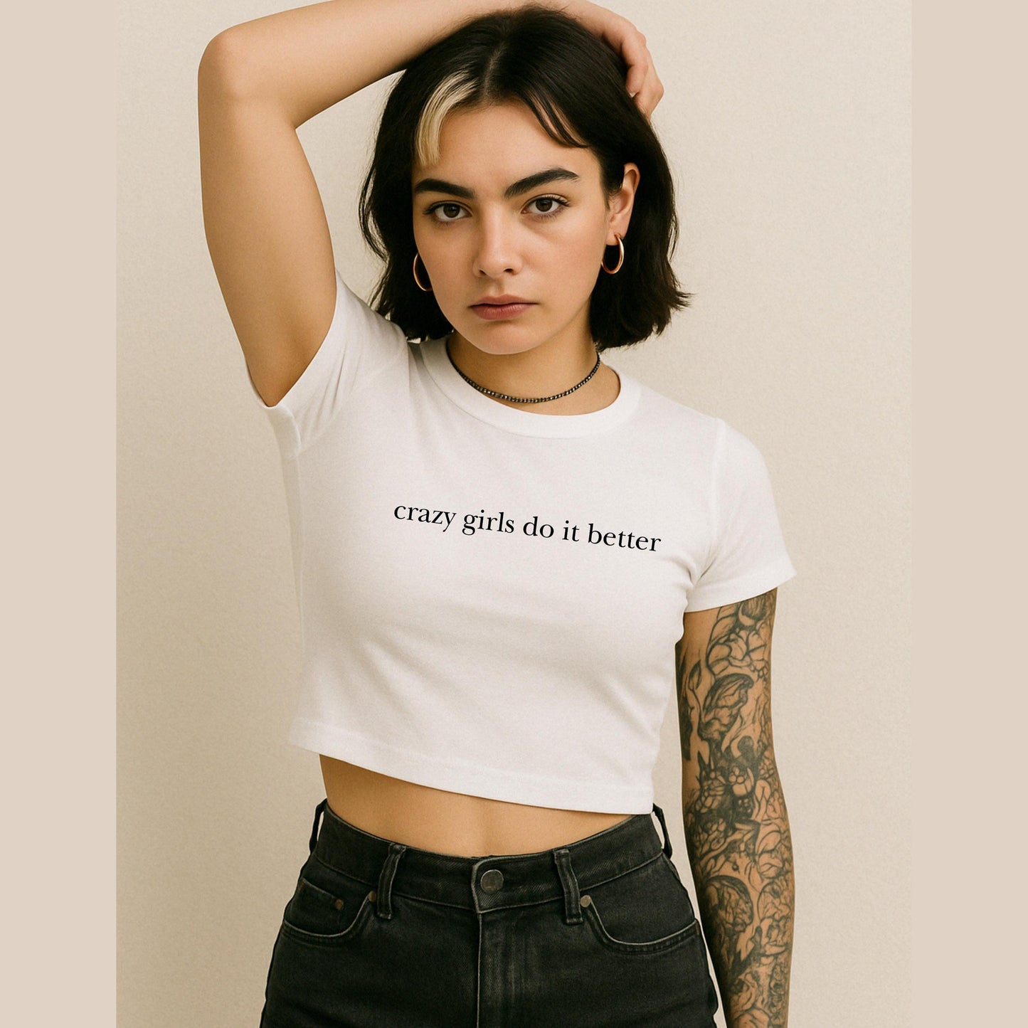 a woman wearing a white crop top with the words crazy girls do it better on