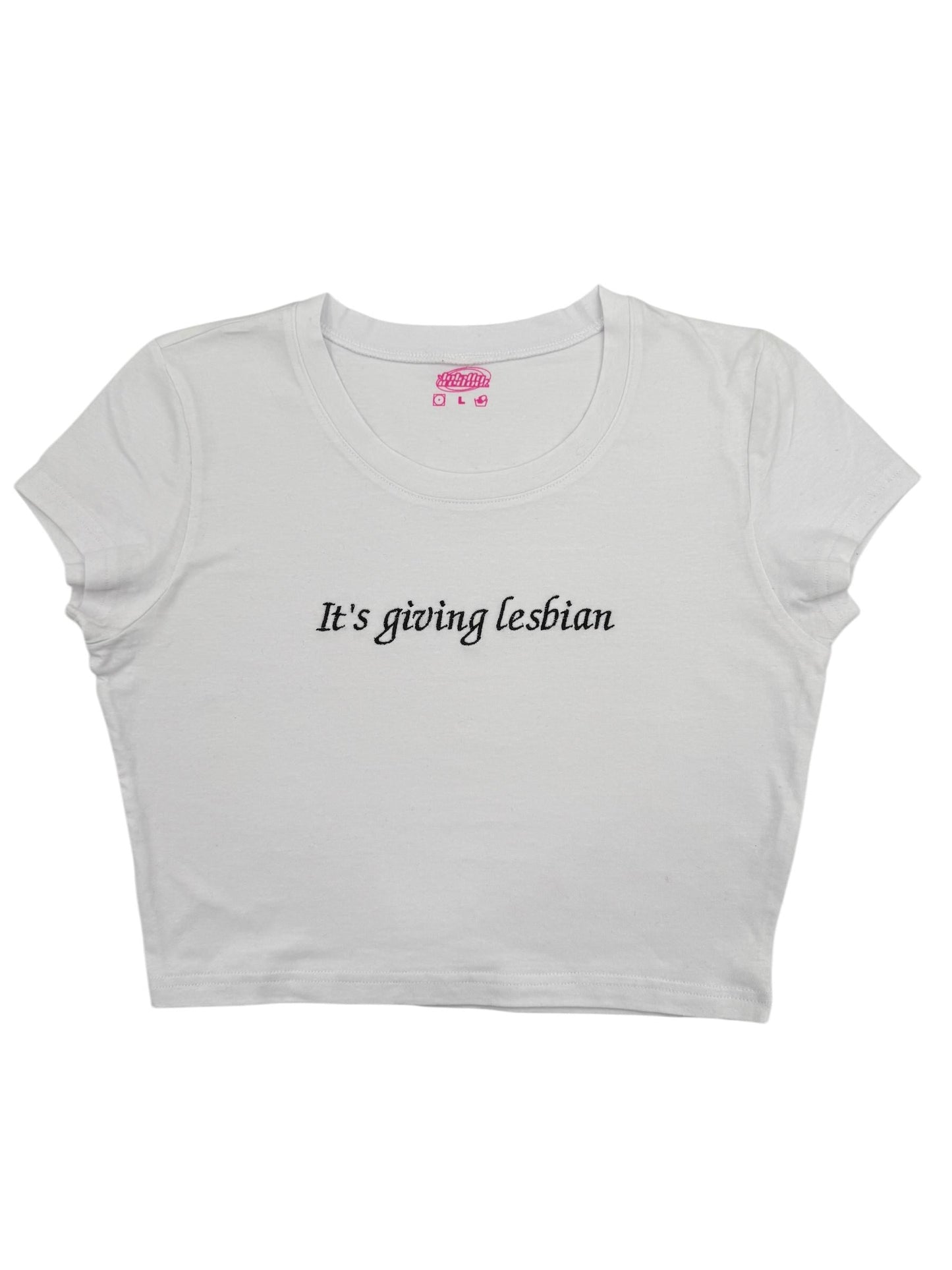 a white crop top that says it's going lesbian