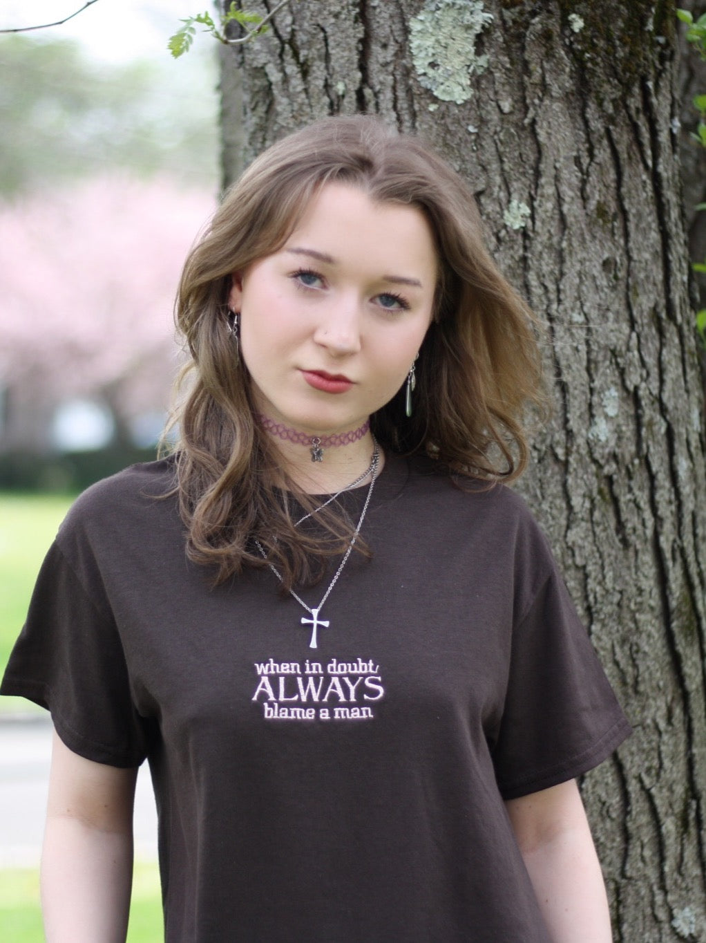 When In Doubt Always Blame a Man Unisex Embroidered T-Shirt or Crewneck Sweatshirt