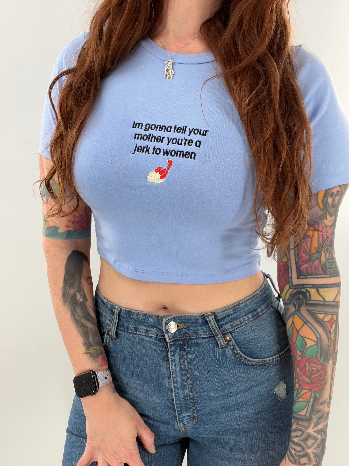 I'm Gonna Tell Your Mother You're a Jerk To Women Embroidered Crop Top