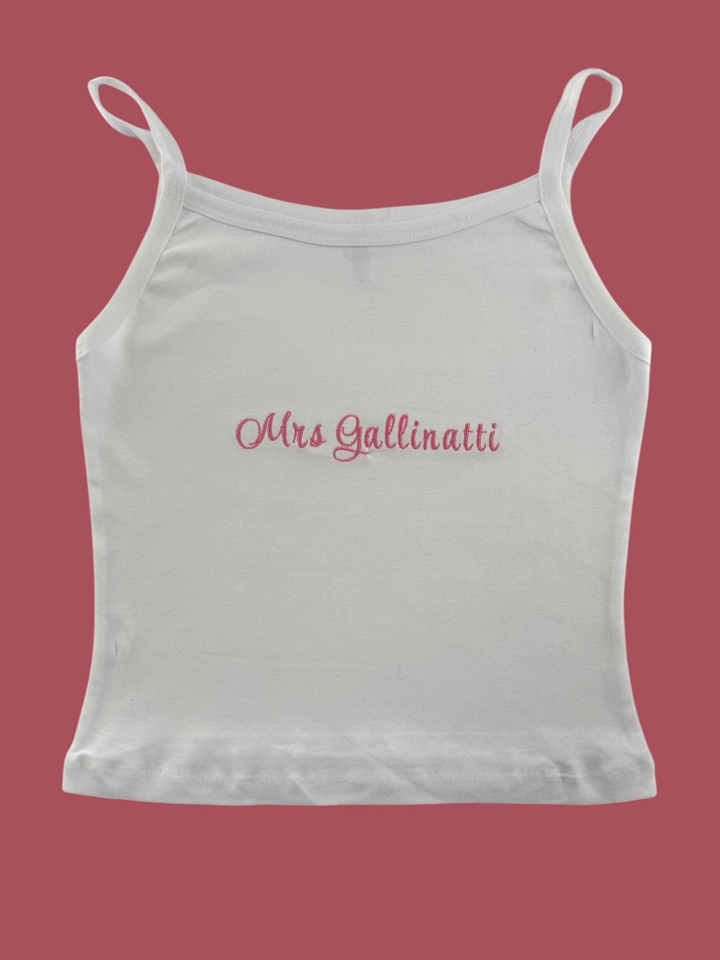 a white tank top with the words mrs galliani written on it