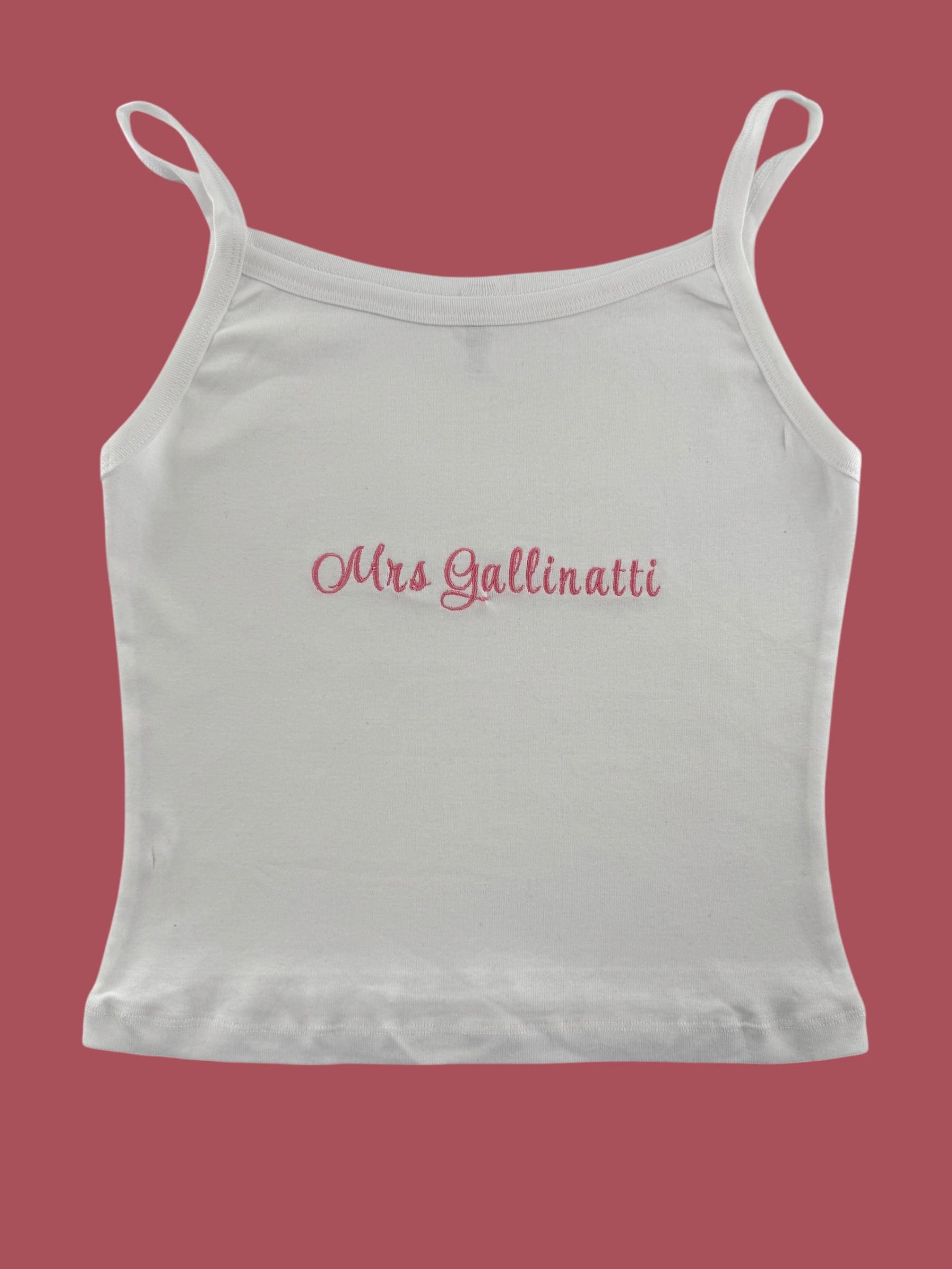 a white tank top with the words mrs galliani written on it