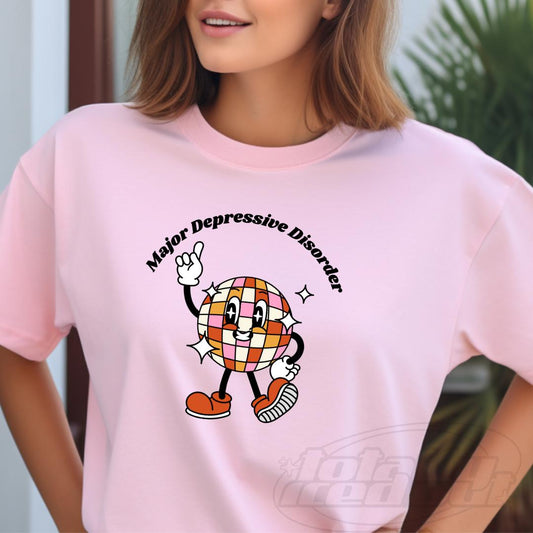 a woman wearing a pink shirt with a cartoon character on it