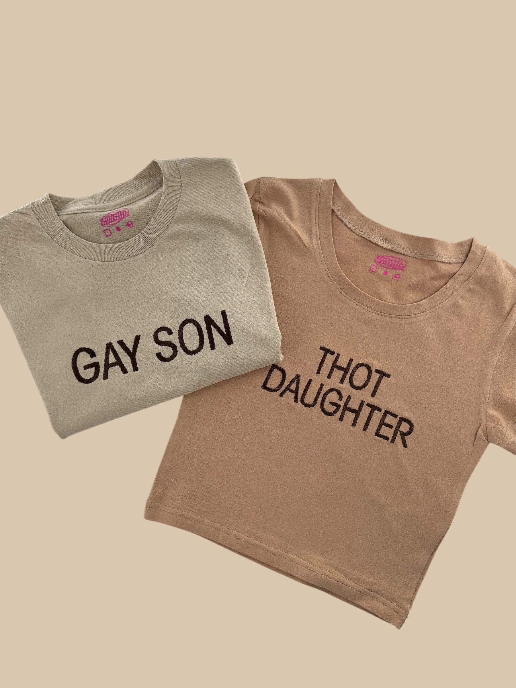 two t - shirts that say gay son, thou daughter