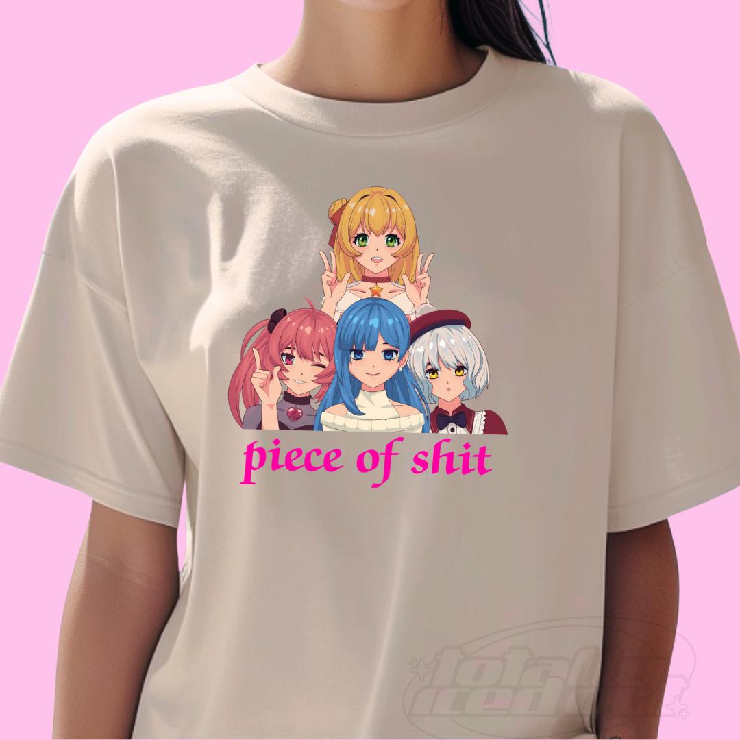 a woman wearing a t - shirt with three anime characters on it