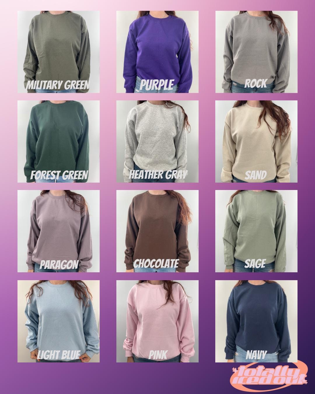 a group of women&#39;s sweatshirts with the names of different colors