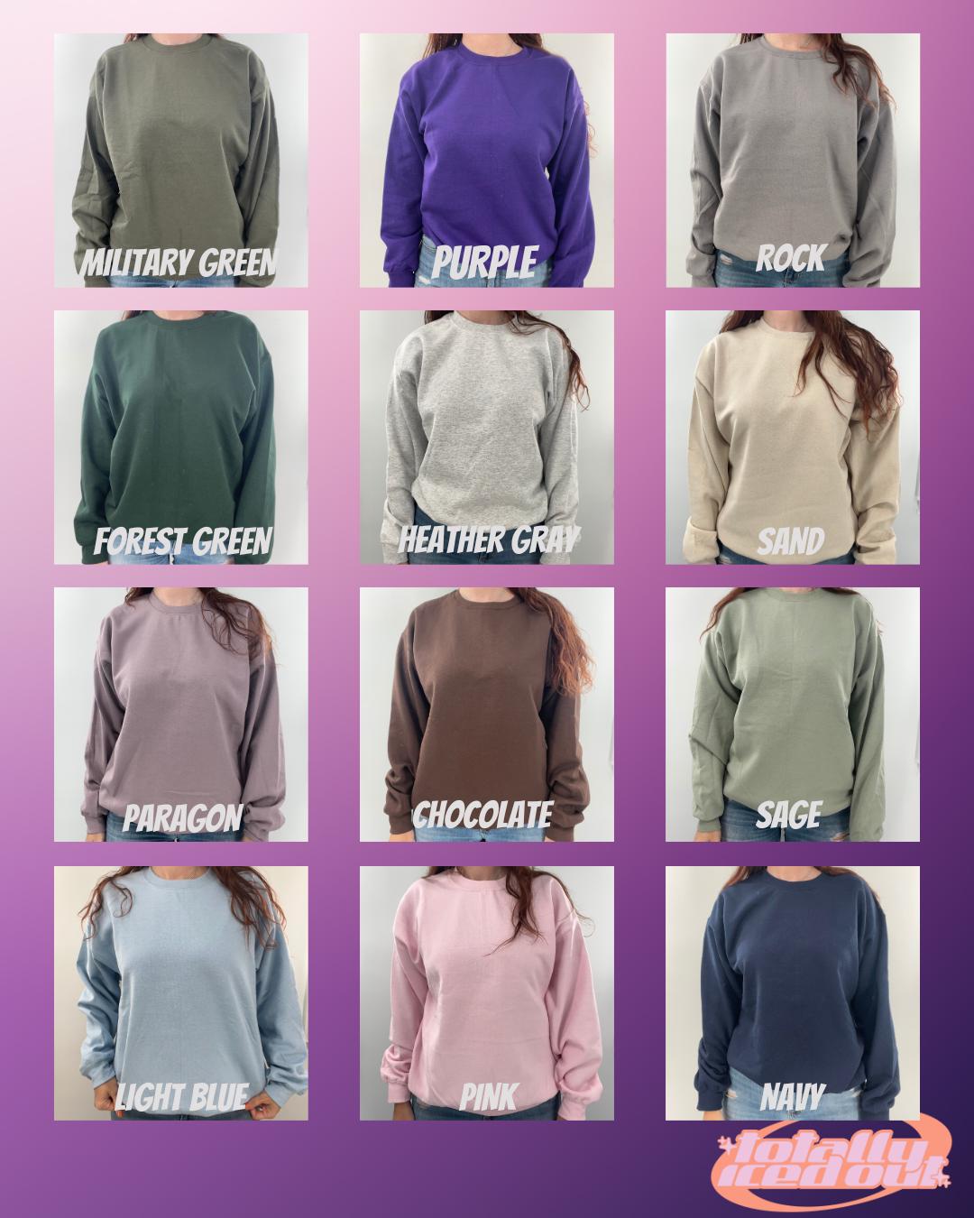 a group of women's sweatshirts with the names of different colors