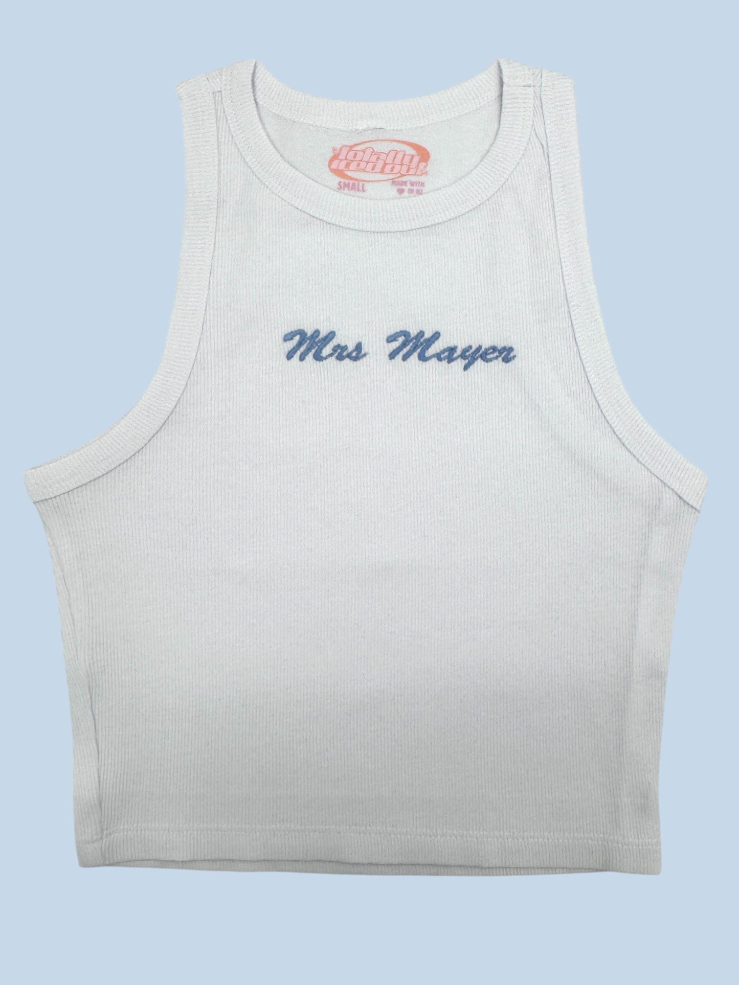 a white tank top with the words miss mayer on it