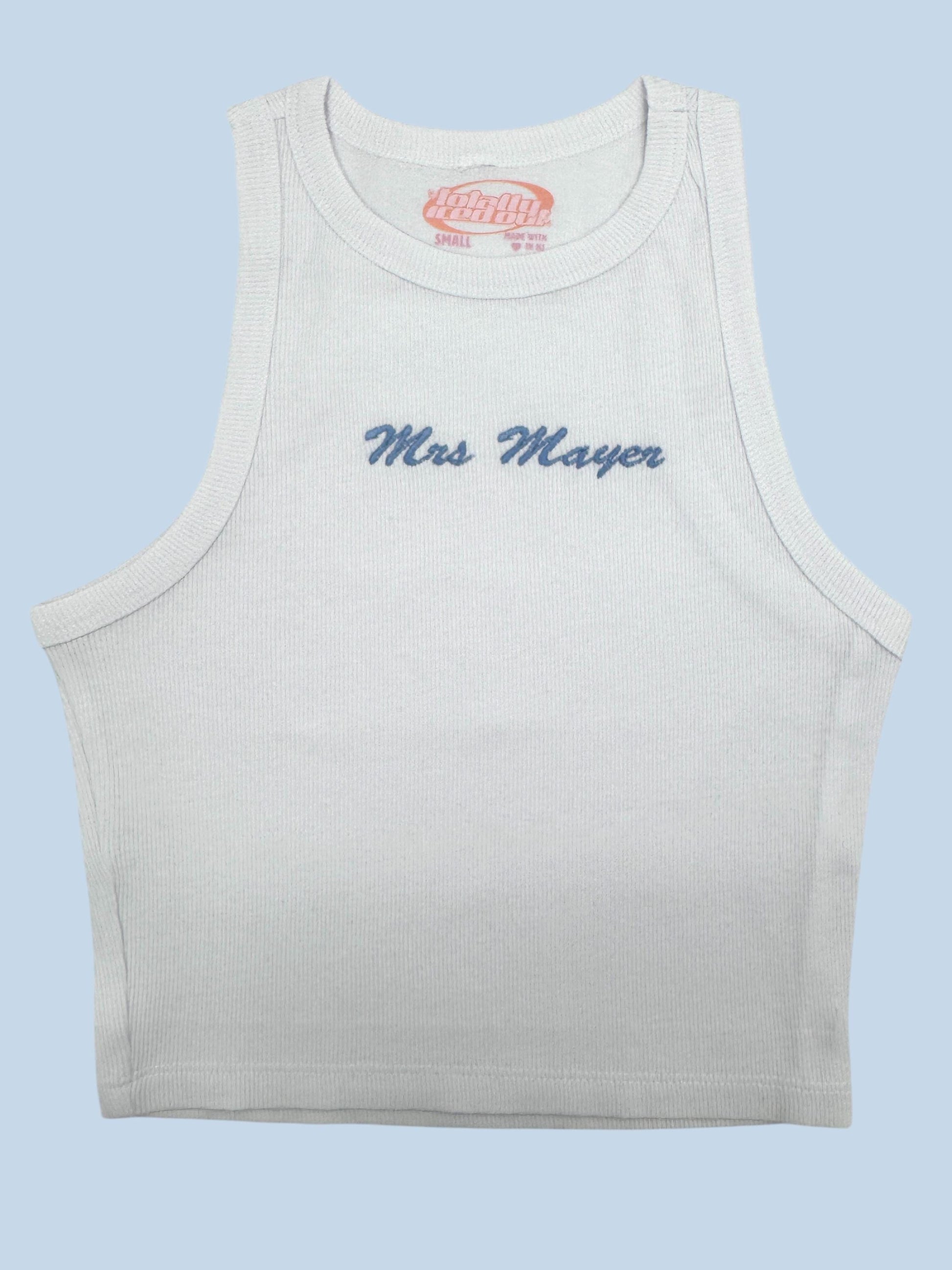 a white tank top with the words miss mayer on it