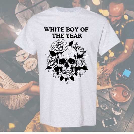 a white shirt with a skull and roses on it