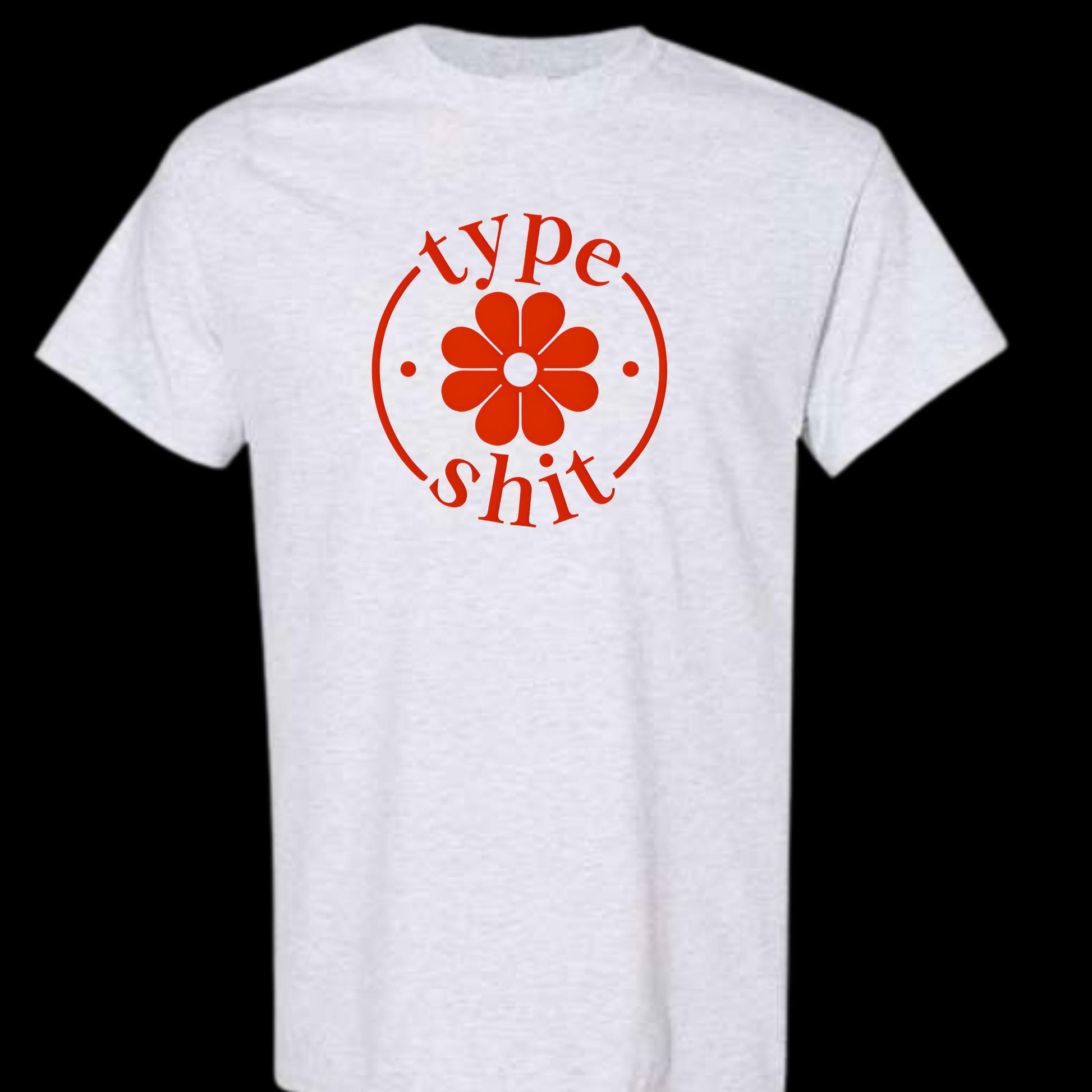 a white t - shirt with a red flower on the front