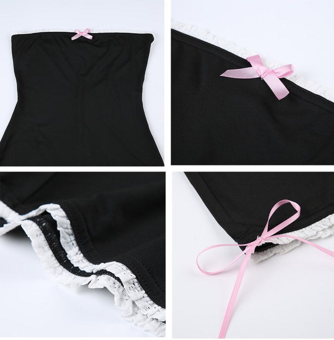 four pictures of a black dress with a pink ribbon