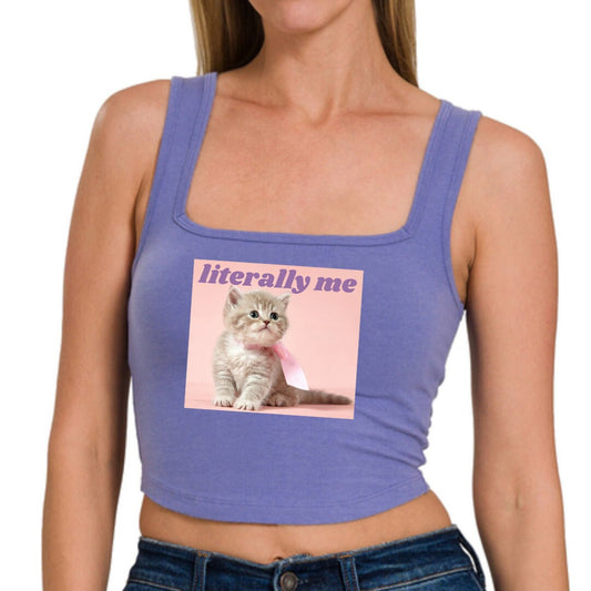 a woman wearing a tank top with a picture of a cat on it