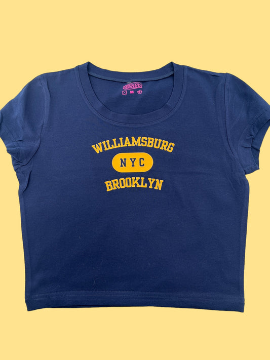 a blue t - shirt with the words williamburg and brooklyn on it
