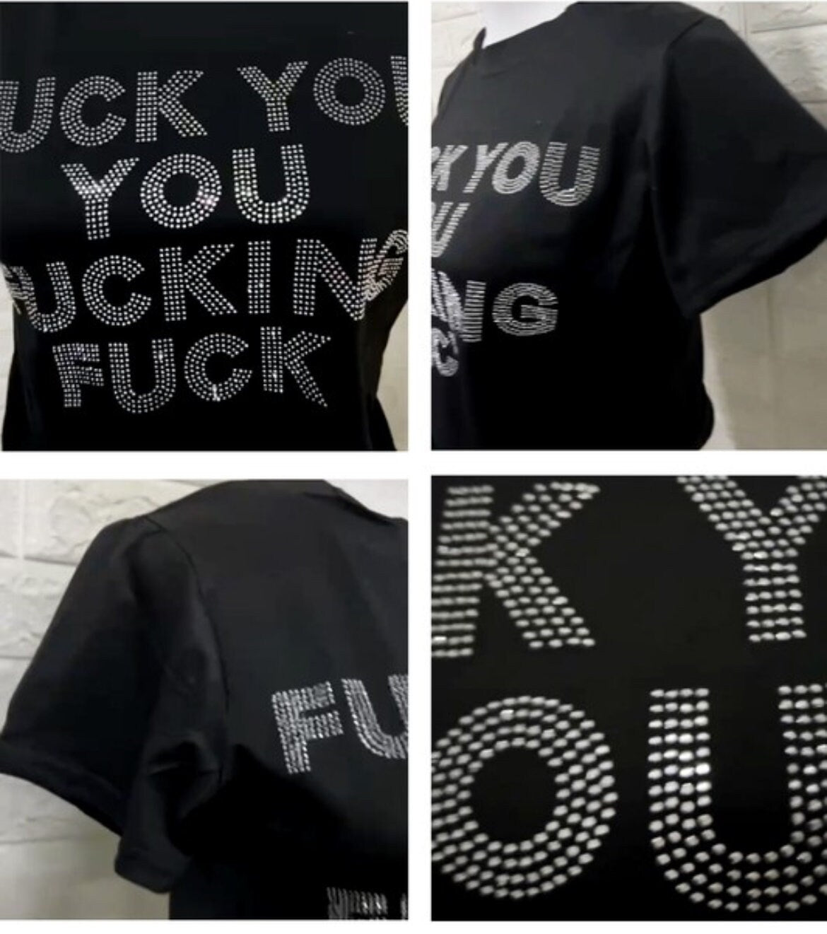 four pictures of a black shirt with white letters on it