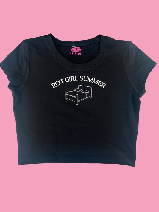 a black crop top that says not girl summer