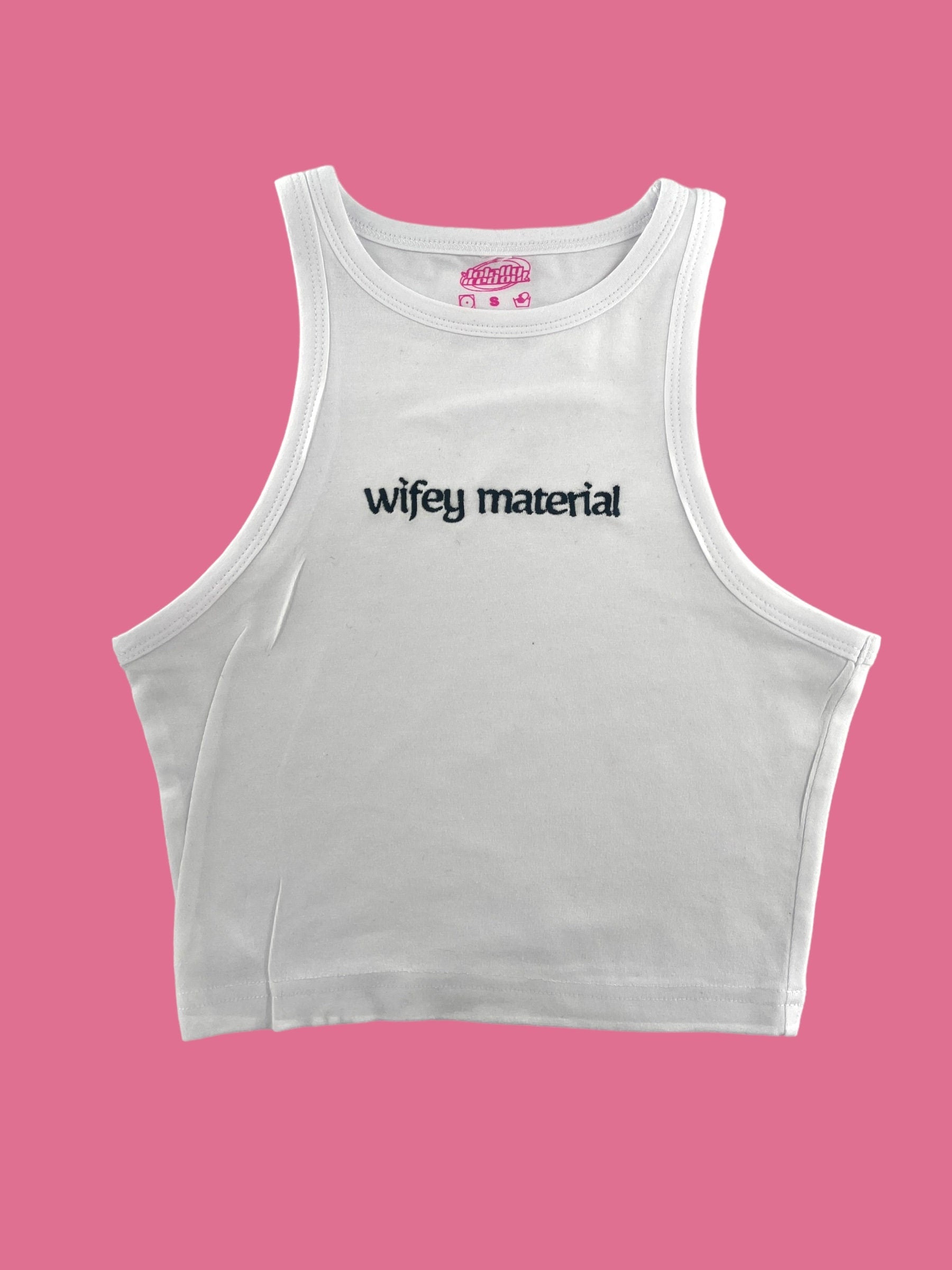 a white crop top with the words&#39;wiffyy material&#39;printed on it