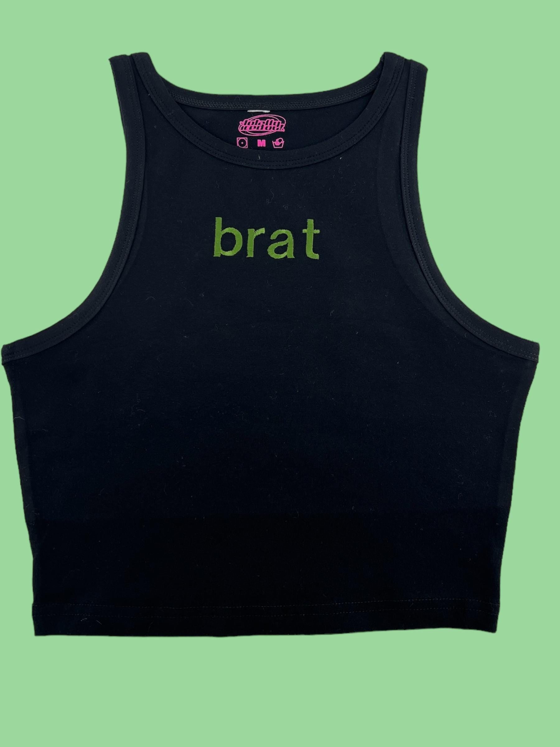 a black tank top with the word brat on it