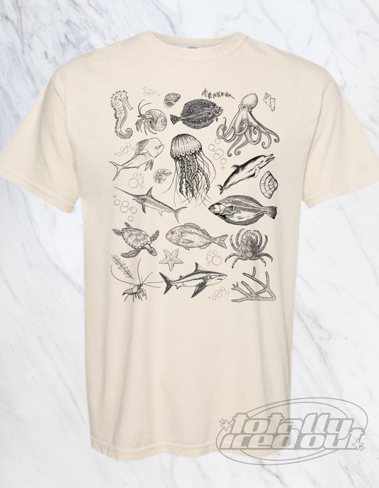 a t - shirt with an image of various sea animals on it