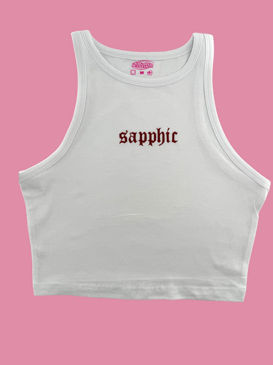 a white crop top with the word sapplic printed on it