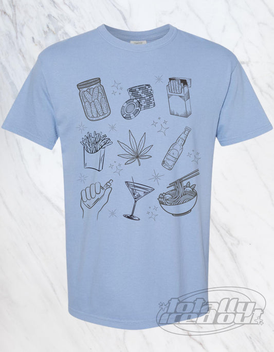 a blue t - shirt with a bunch of different items on it