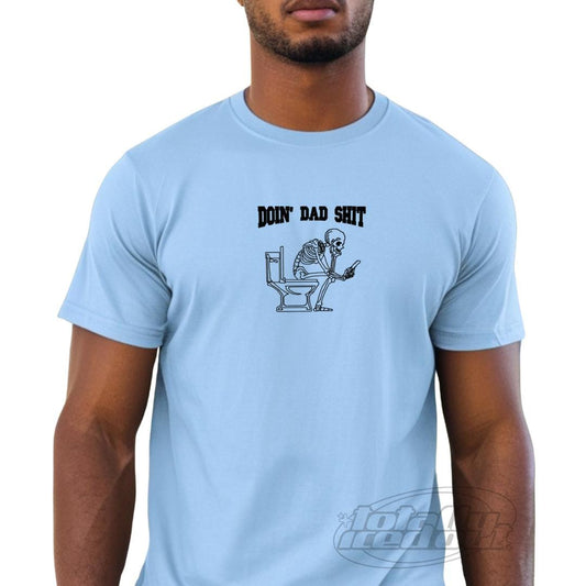 a man wearing a blue shirt that says don&#39;t bad shit