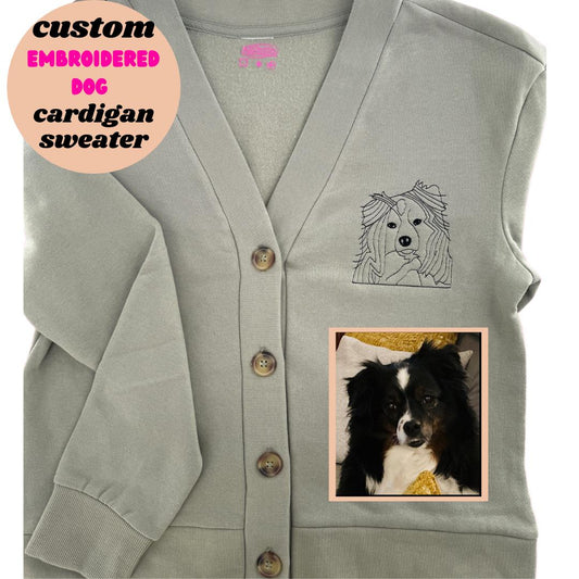 a cardigan sweater with a picture of a dog on it