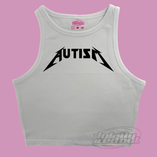 a white tank top with the word metallic on it