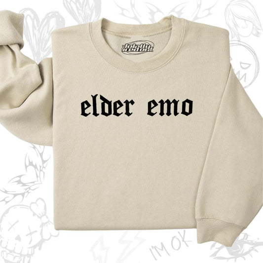 a sweater with the word elder emo printed on it