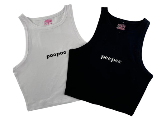 two tank tops with the word peppopo printed on them