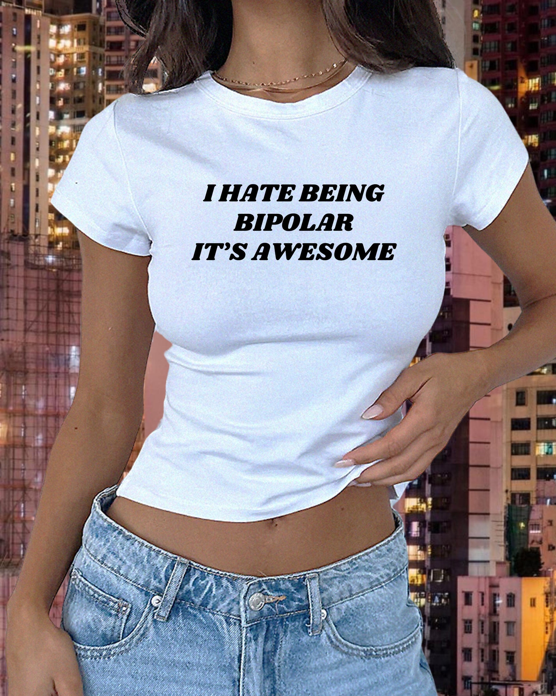 a woman wearing a white shirt that says i hate being bipllar it '