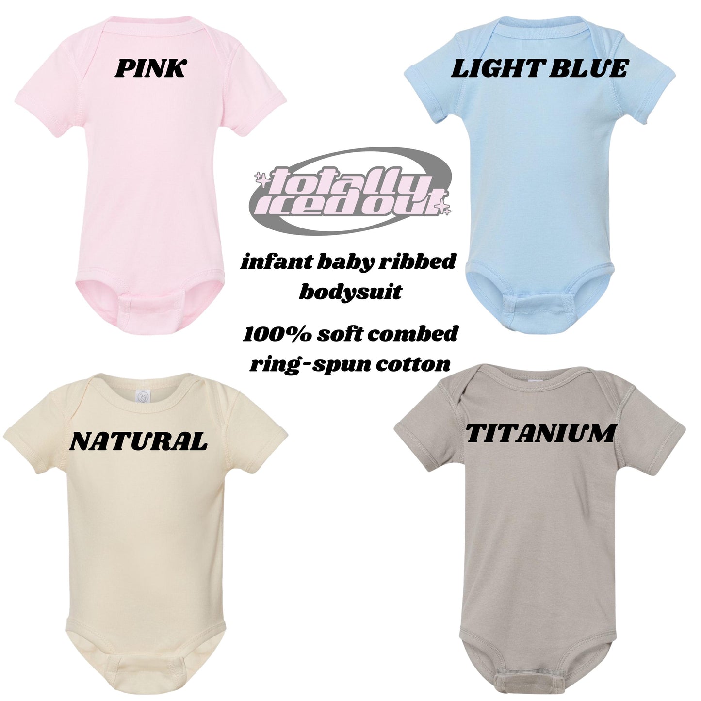 a set of three bodysuits with the words pink, light blue, infant