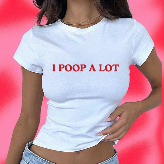 a woman wearing a t - shirt that says i pop a lot