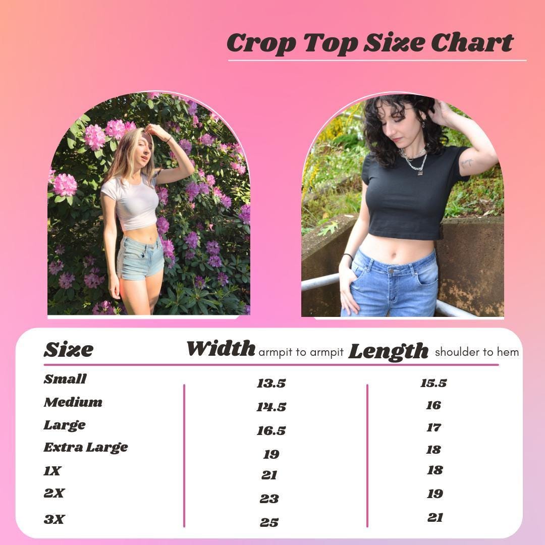 a woman wearing a crop top size chart