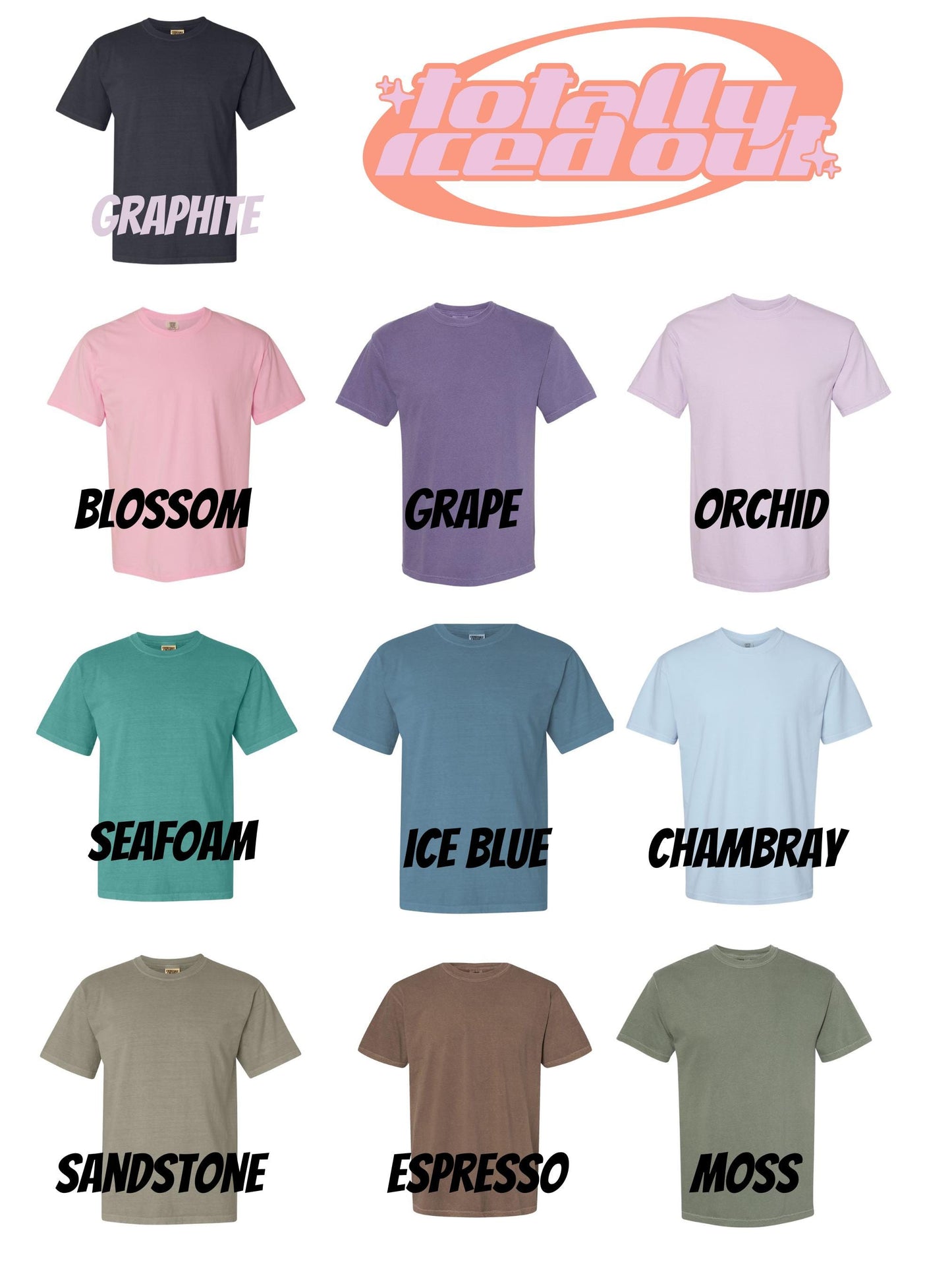 a group of t - shirts with the names of different colors