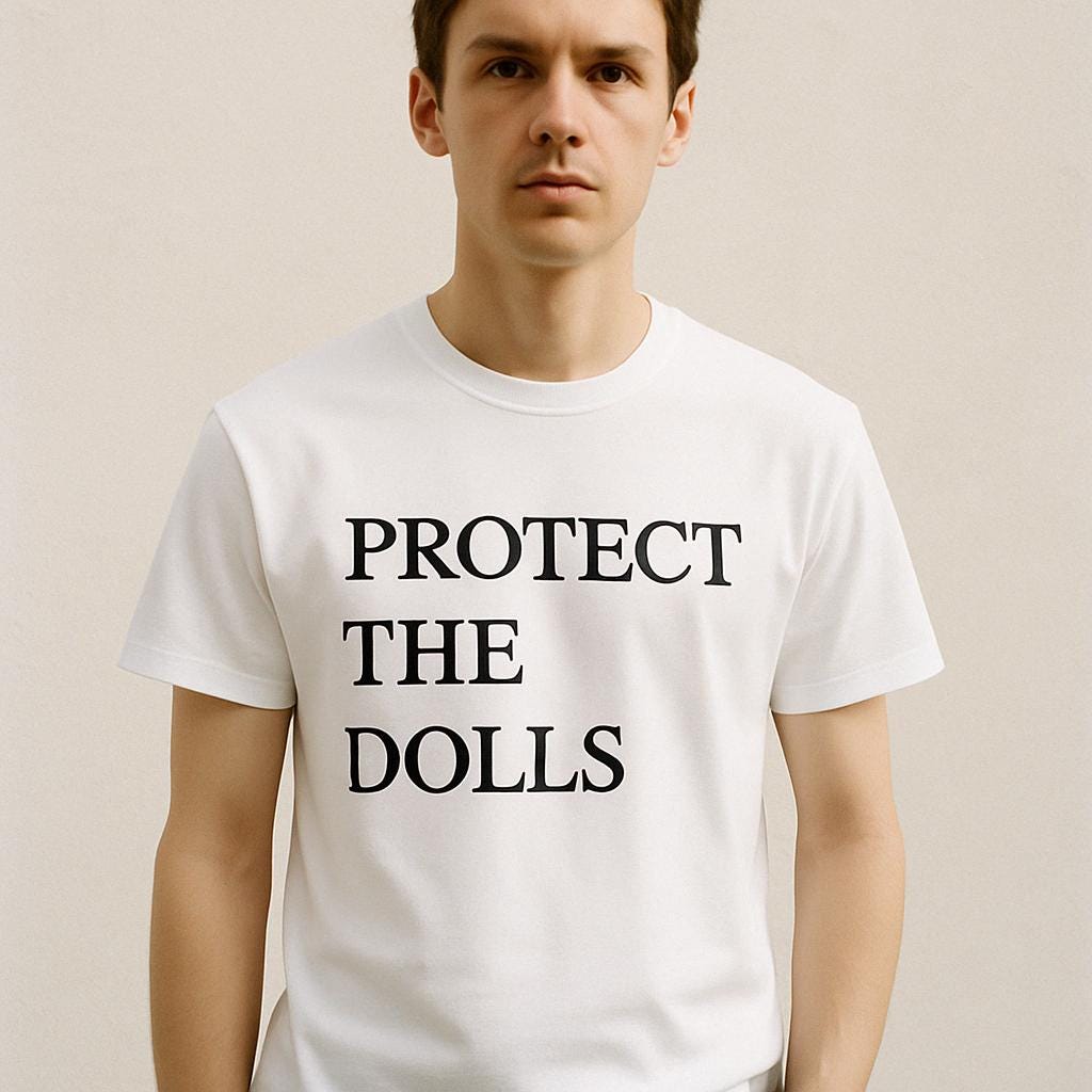 a man wearing a white t - shirt that says protect the dolls