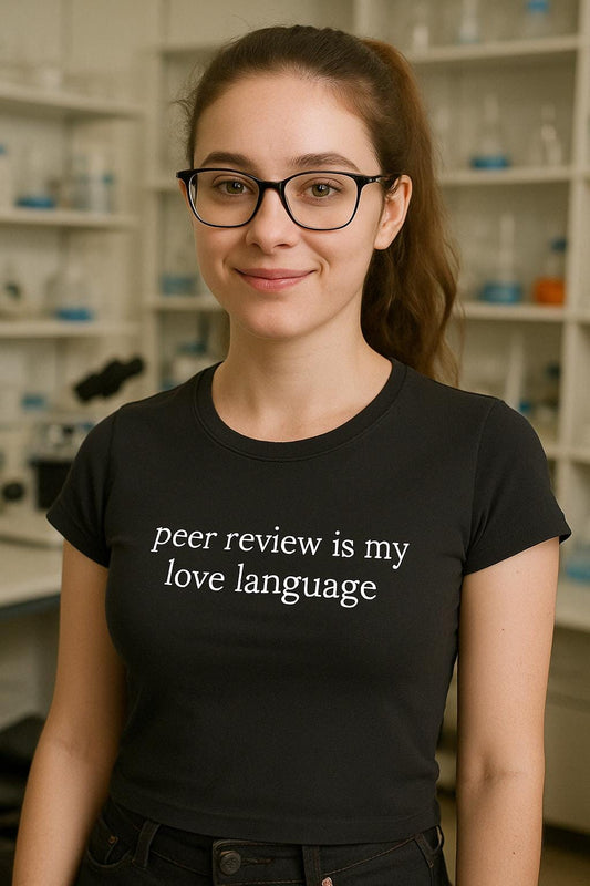 a woman wearing a t - shirt that says peer review is my love language