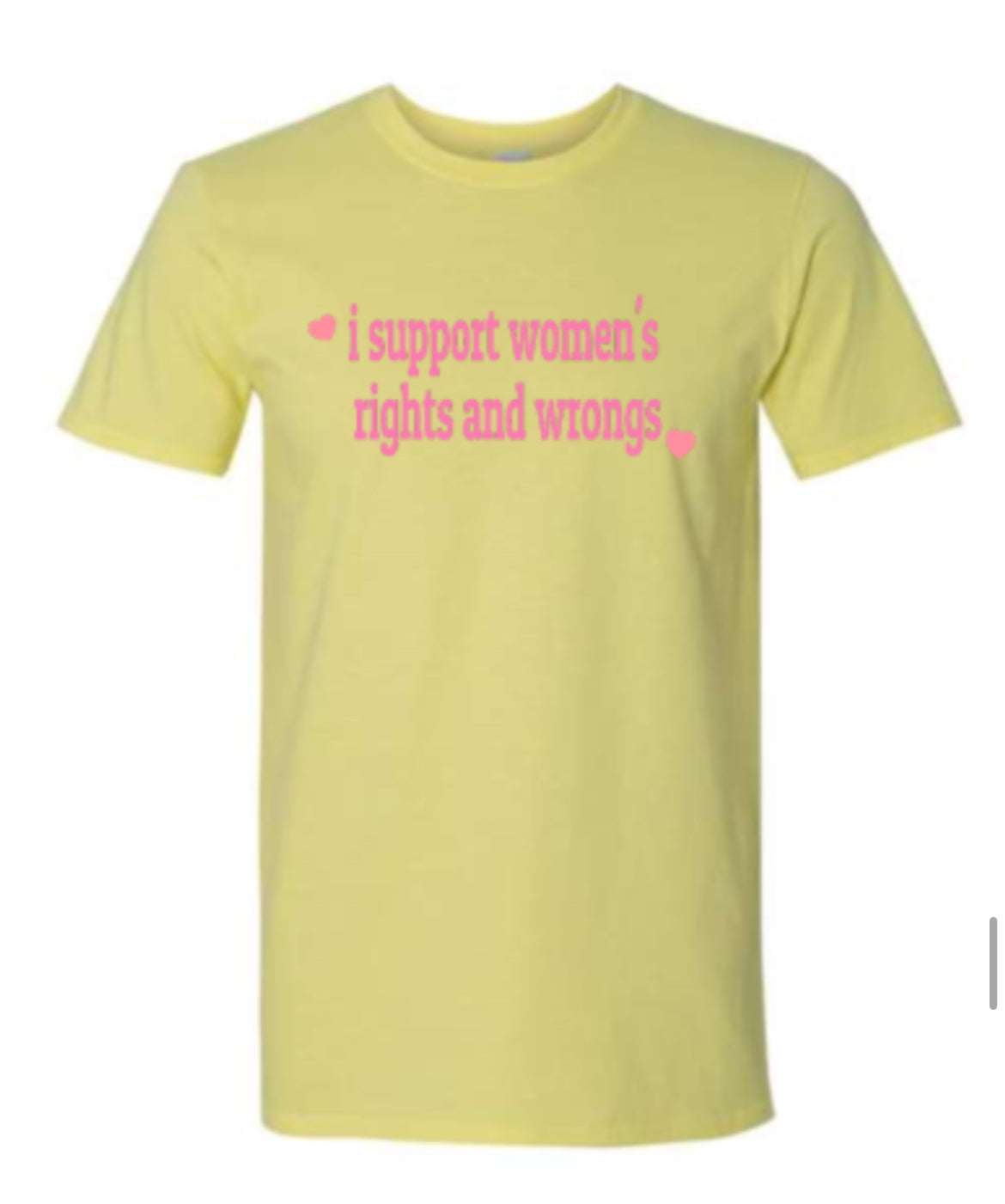 a yellow t - shirt that says i support women's rights and wrongs