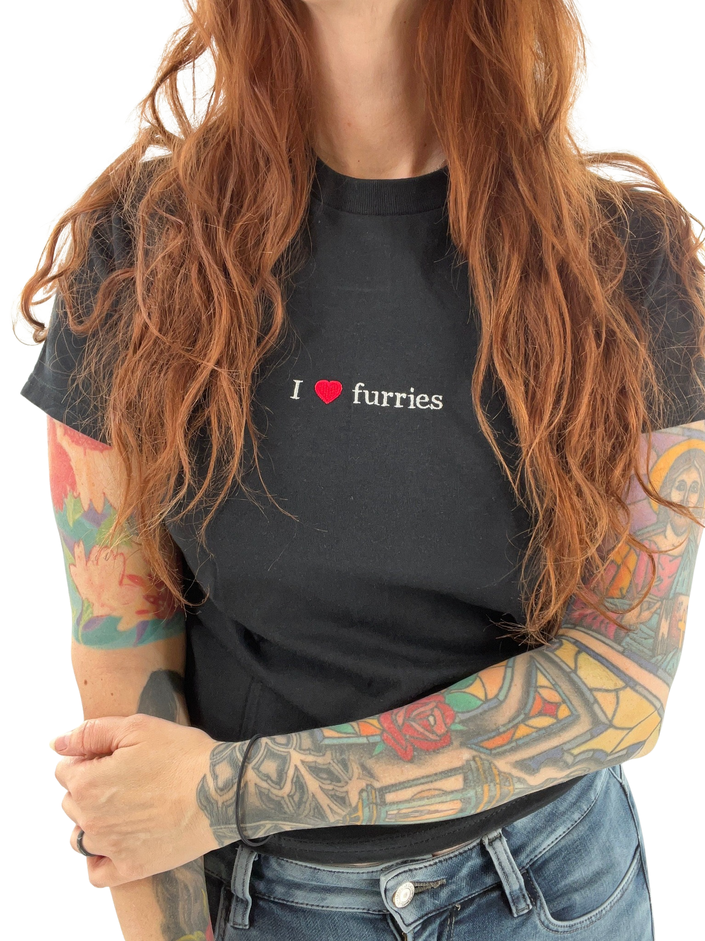 I Love Furries Unisex Embroidered T-Shirt or Crewneck Sweatshirt