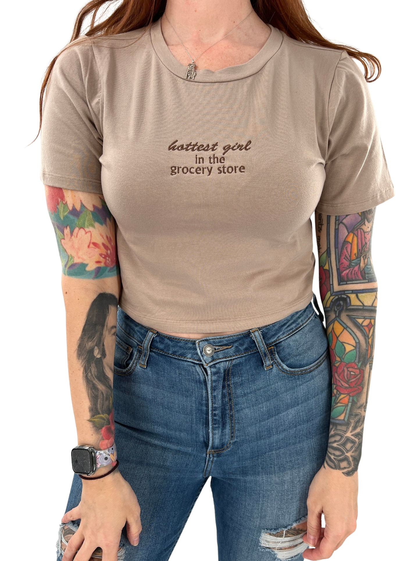 Hottest Girl In The Grocery Store Embroidered Crop Top