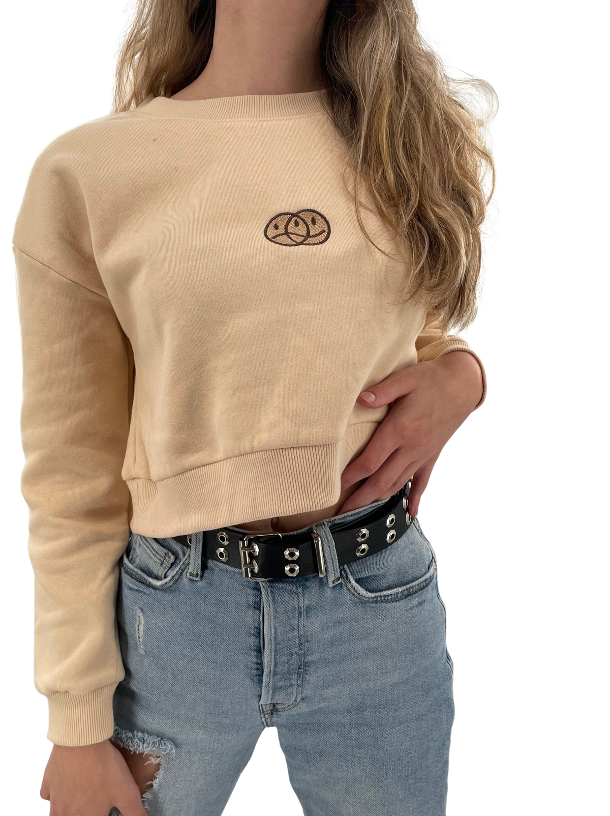 Monochrome Smiley Cropped Embroidered Crewneck
