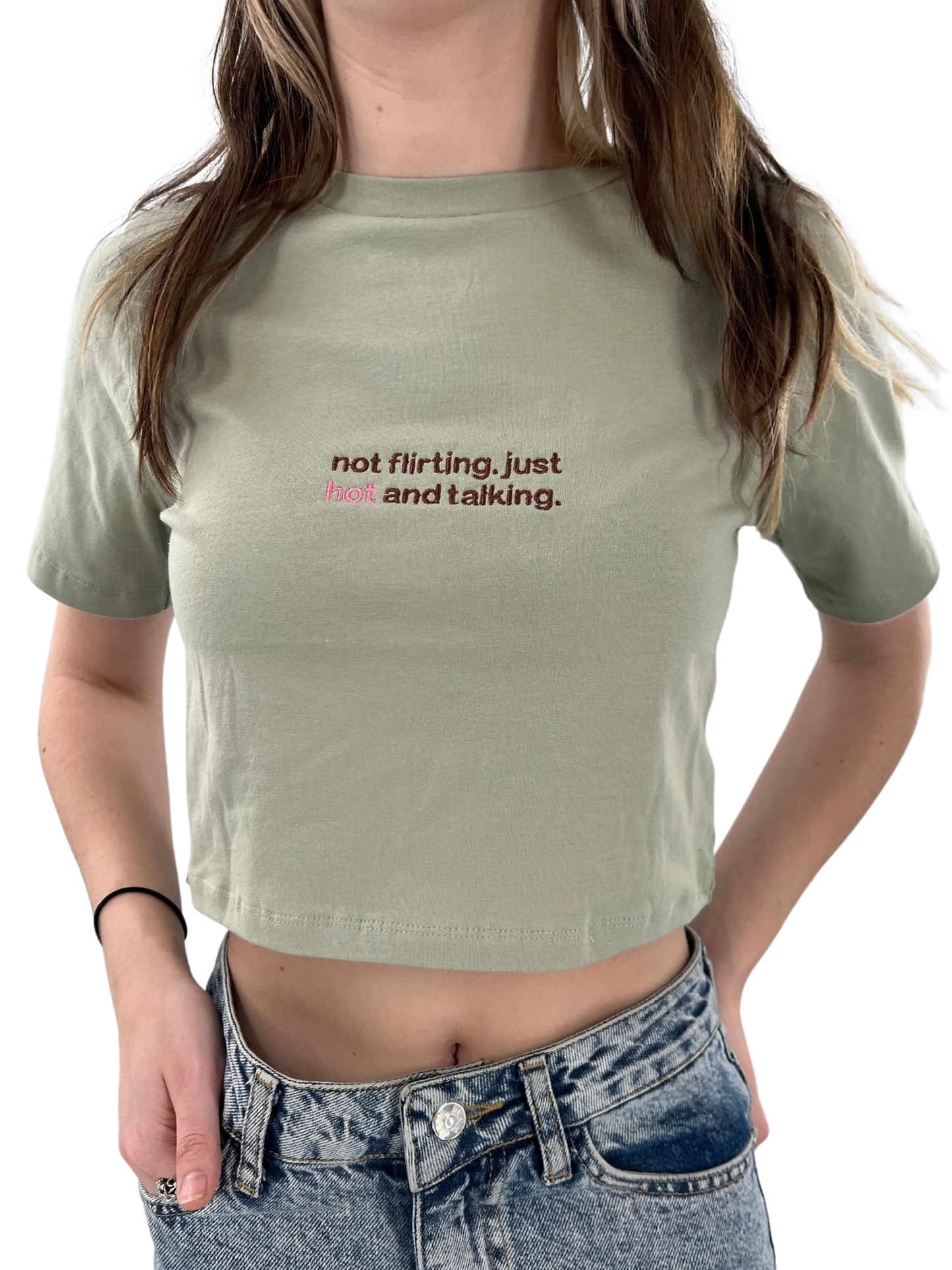 Not Flirting Just Hot and Talking Embroidered Crop Top