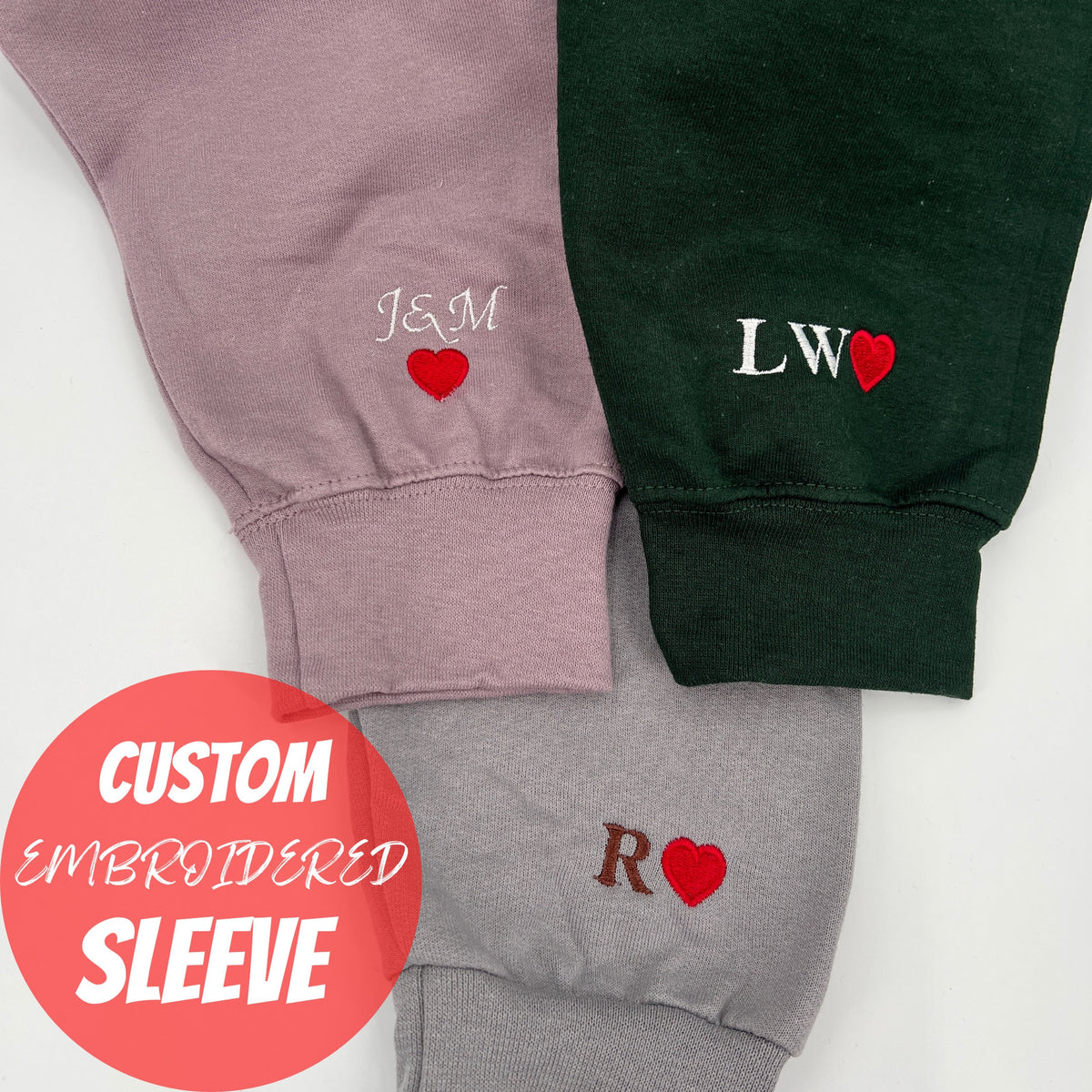 Custom Embroidered Initial Heart Sweatshirt | Couple Crewneck | Personalized Sleeve Sweatshirt | Initial on Sleeve| Sleeve Initial Shirt