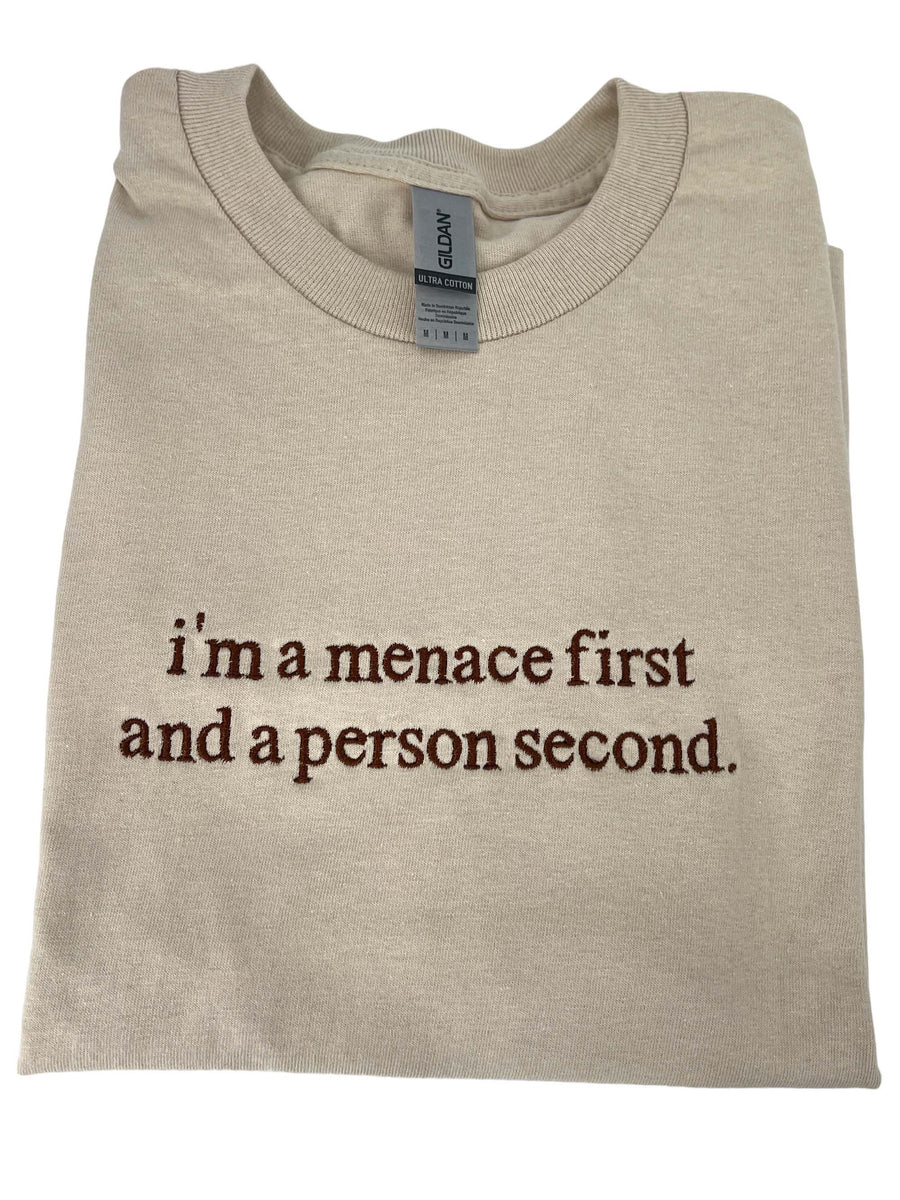 Menace First Person Second Embroidered Unisex T-Shirt or Sweatshirt