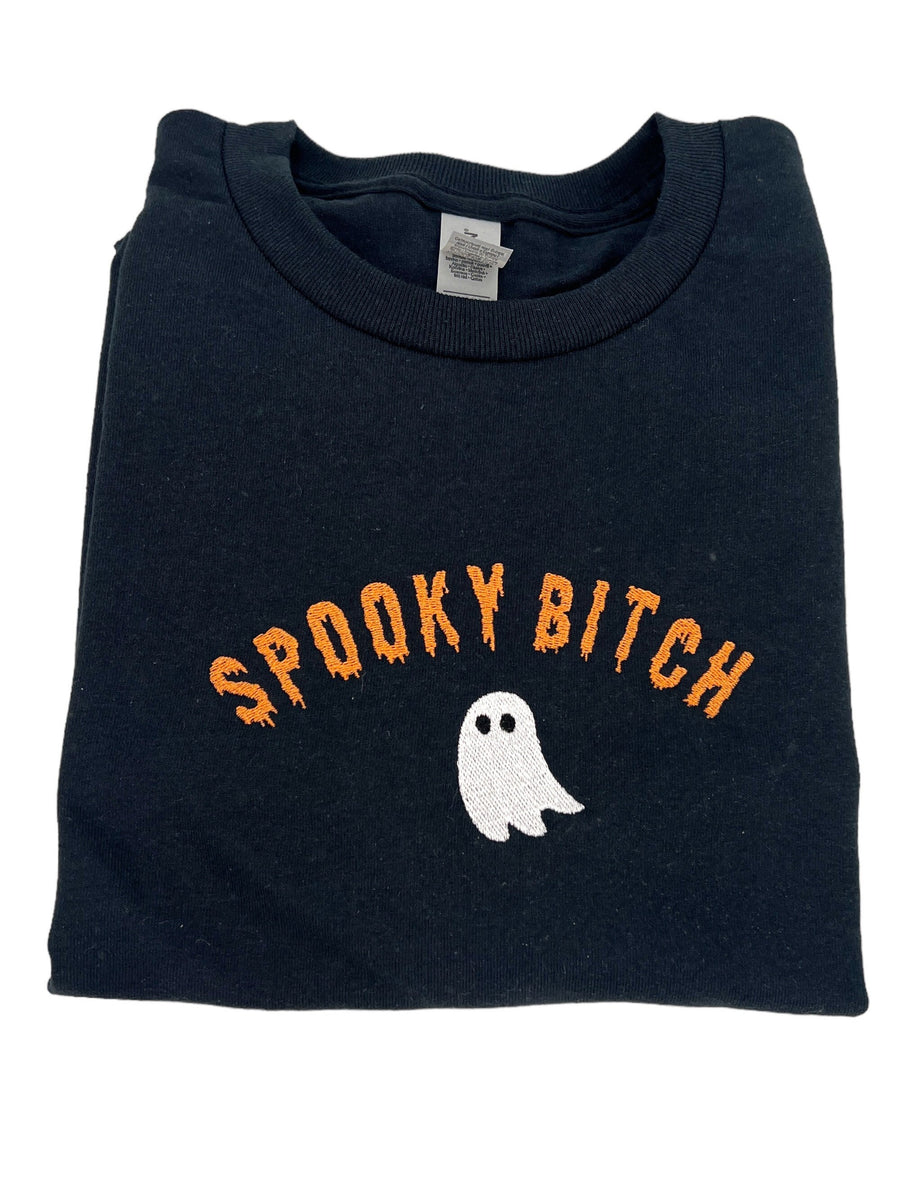 Spooky Bitch Unisex Halloween Embroidered T-Shirt or Crewneck Sweatshirt