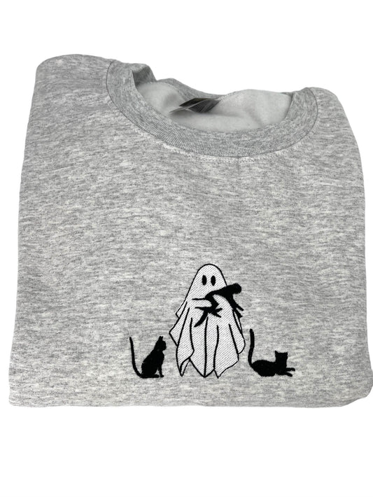 Ghost Kitty Unisex Halloween Embroidered T-Shirt or Crewneck Sweatshirt