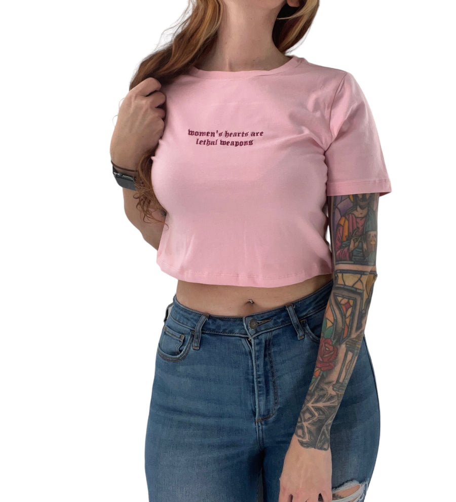 Women's Hearts Are Lethal Weapons Embroidered Crop Top