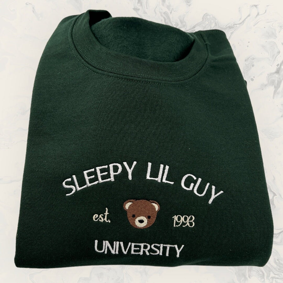 Sleepy Lil Guy University Cute Unisex Embroidered T-Shirt or Crewneck Sweatshirt